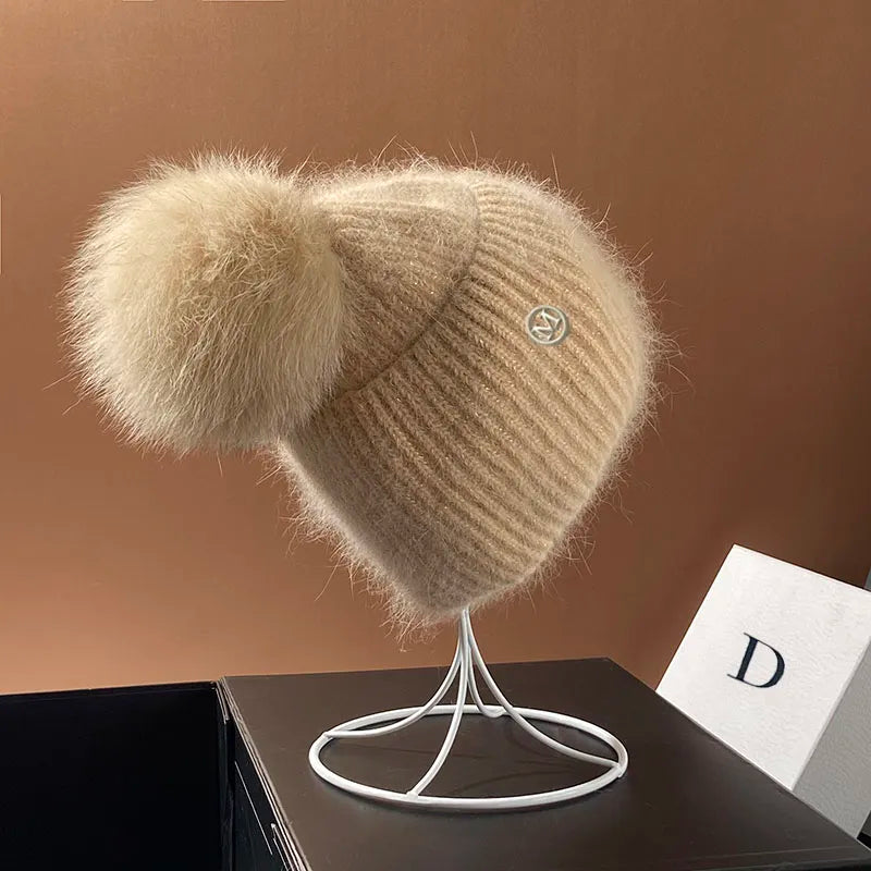 Damen Wolle Mütze Wintermütze Strickmütze Gefüttert Pudel Bommelmütze Pudelmütze