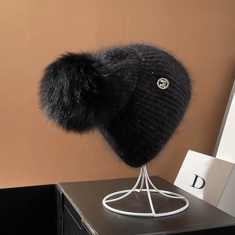 Damen Wolle Mütze Wintermütze Strickmütze Gefüttert Pudelmütze Bommel Skimütze