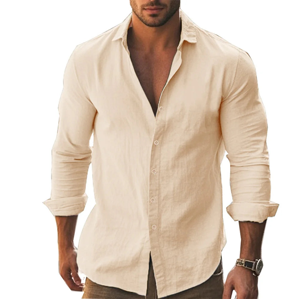 Herren Poloshirt Leinenhemd Langarm T-Shirt Leinen Hemd Polohemd Freizeithemd