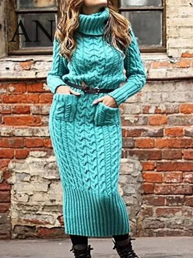 Damen Wollkleid Rollkragen Stiefelkleid Herbstkleid Winterkleid Strickkleid