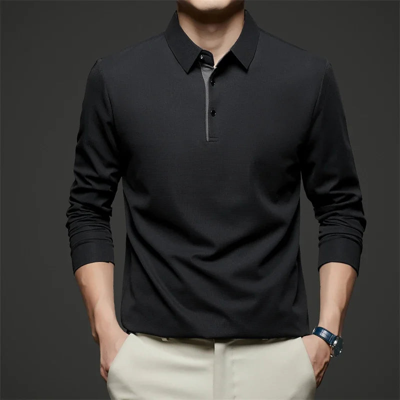 Neues Herren-Poloshirt, Business-Casual, langärmelig, einfarbig, modisch, warm, bequem, vielseitiges Oberteil für vier Jahreszeiten