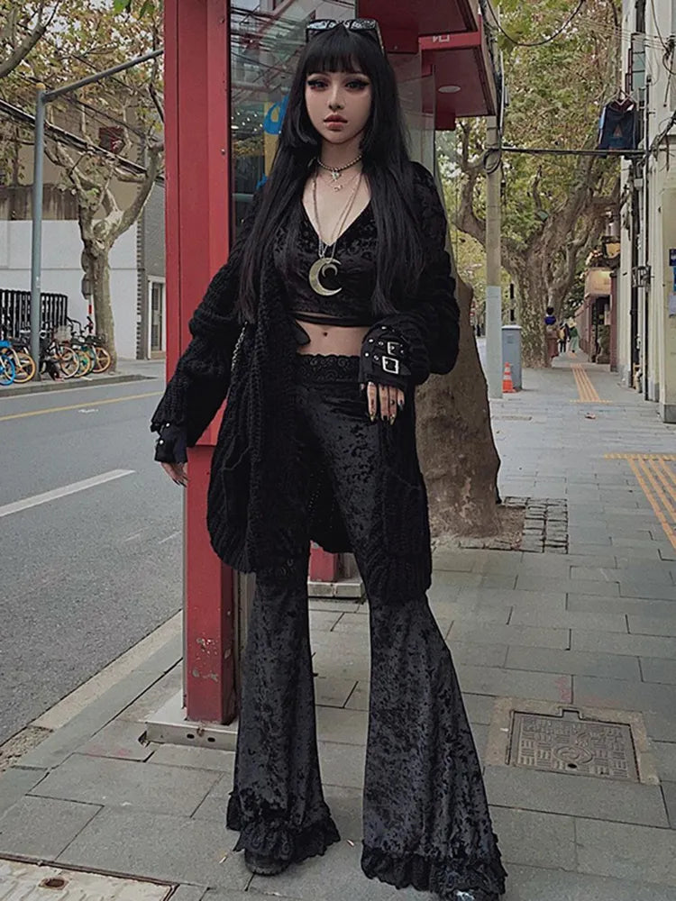 Damen Punk Gothic Hose Bootcut Hüftjeans Schlaghose Hip Retro Flared Leggins