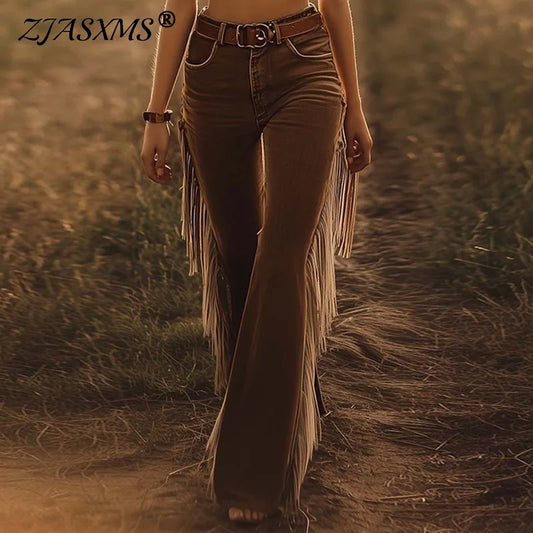 Sexy Damen Fashion Hose Kunst Lederhose Schlaghose Retro Western Flare Wildleder