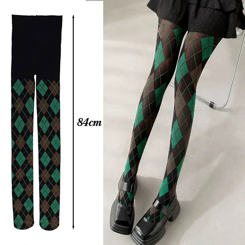 Damen Strumpfhose Karo Strümpfe Oberschenkelhoch Retro JK Style Sexy Dessous
