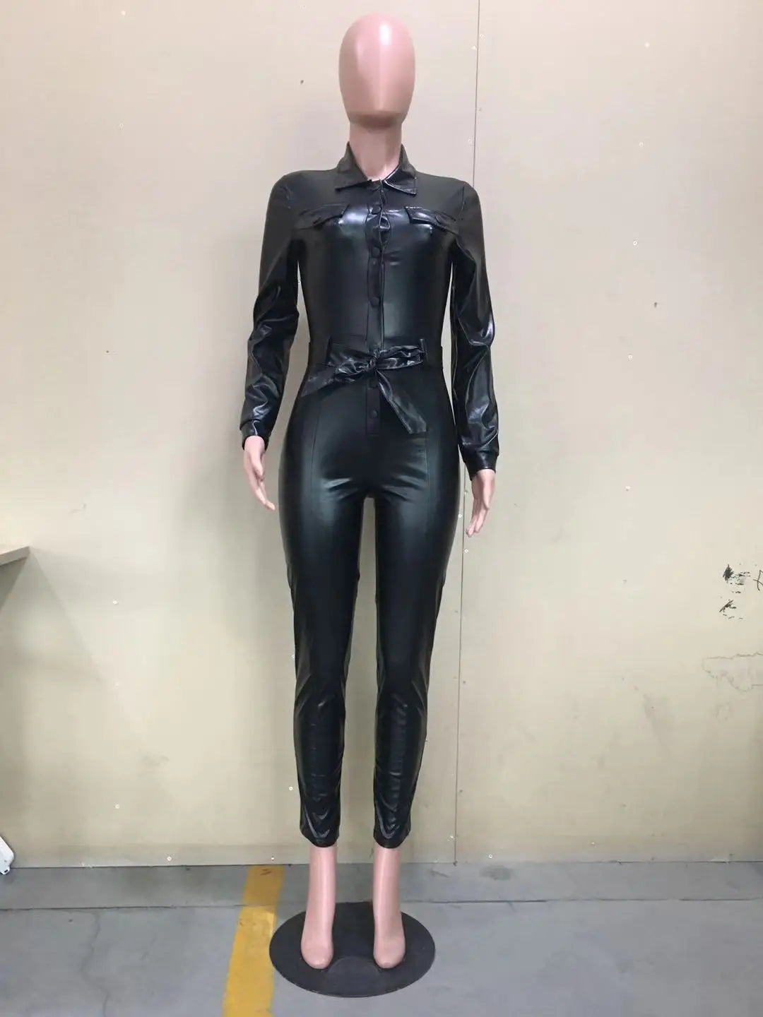 Damen Overall Pu Leder Sexy Bodycon V-Ausschnitt Lange Hose Hohe Taille Clubwear