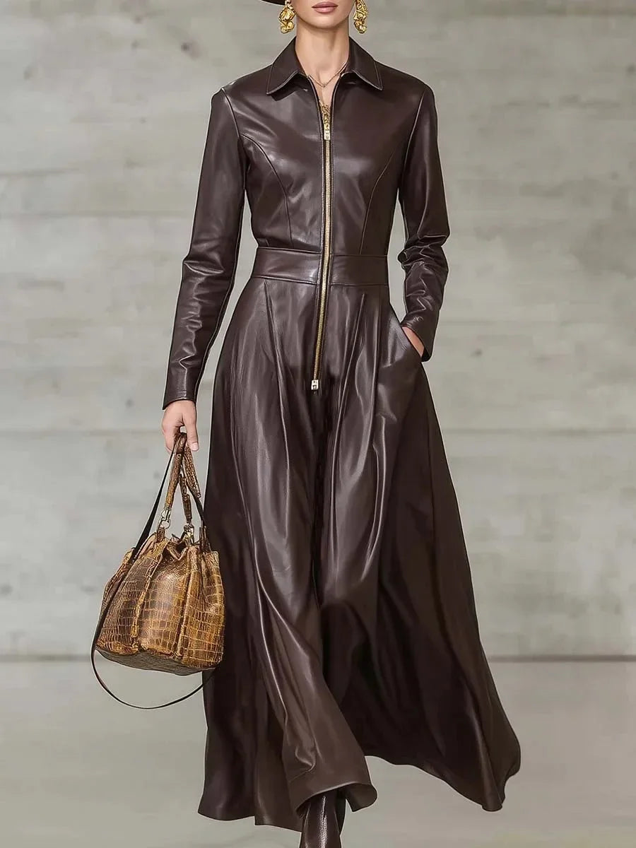 Damen Kleid PU Leder Partykleid Abendkleid Clubwear Maxikleid Etuikleid Western