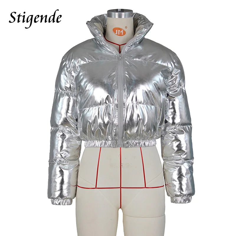 Damen Glänzende Daunenjacke Mit Kapuze Gold Steppjacke Streetwear Stepp Jacke