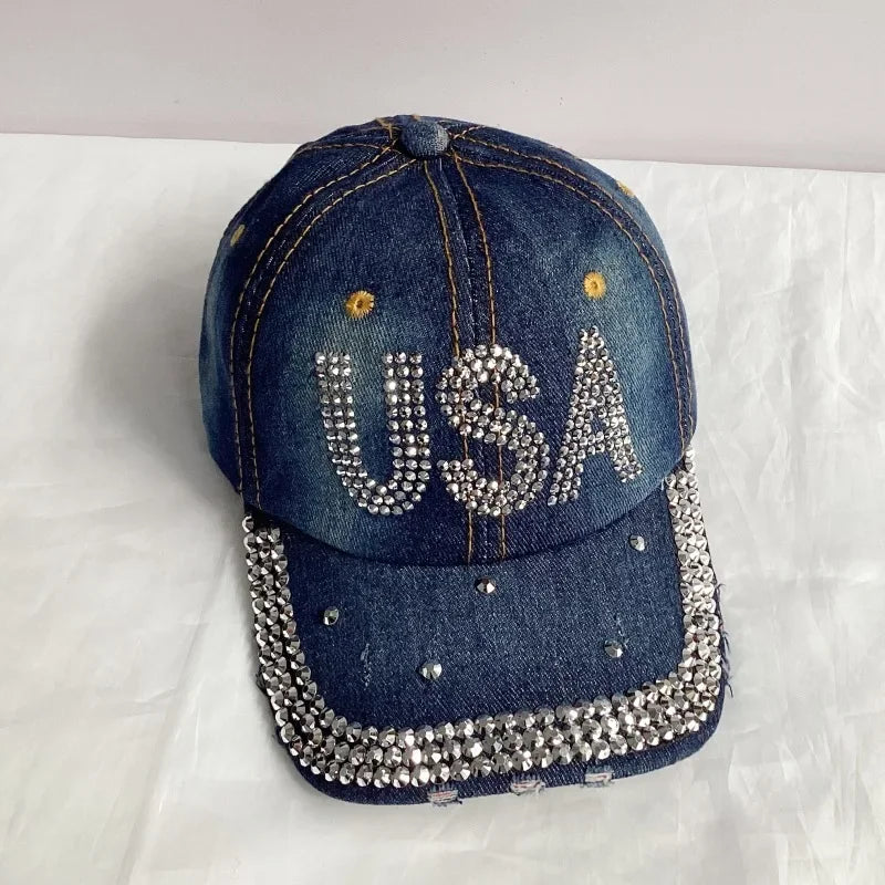 Jeans Basecap Cappy Denim Look Cap Kappe LOVE Strass gebogen Herren Damen