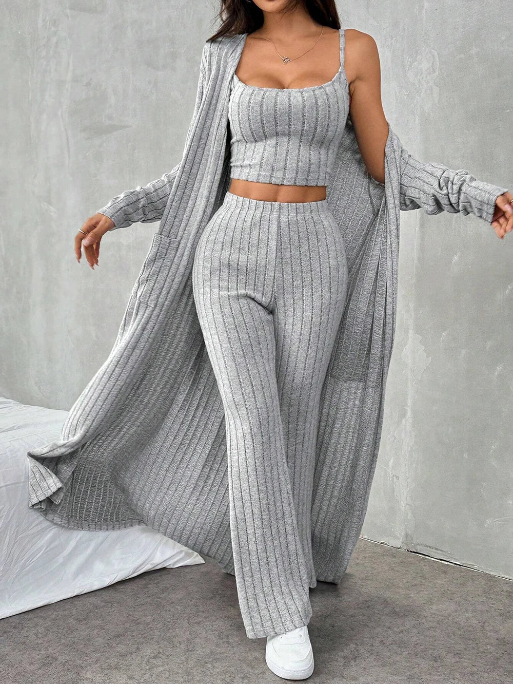 3-teiliges Damen Outfit Strickjacke Jacke Fitnessanzug Freizeitanzug Hausanzug