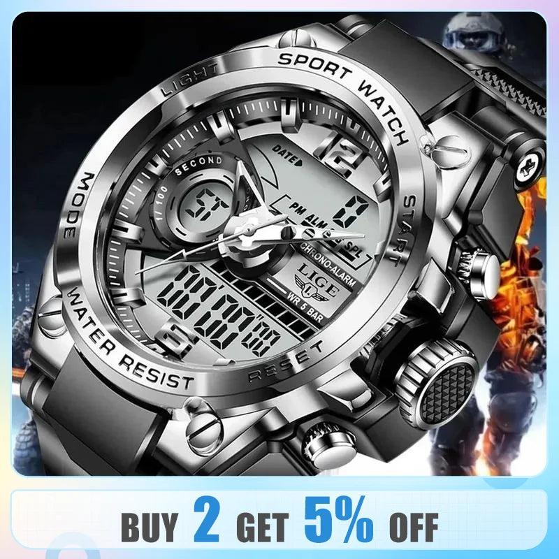 Herren Armbanduhr Digital Uhr Silber Edelstahl LED Quarzuhr Luxus Chronograph