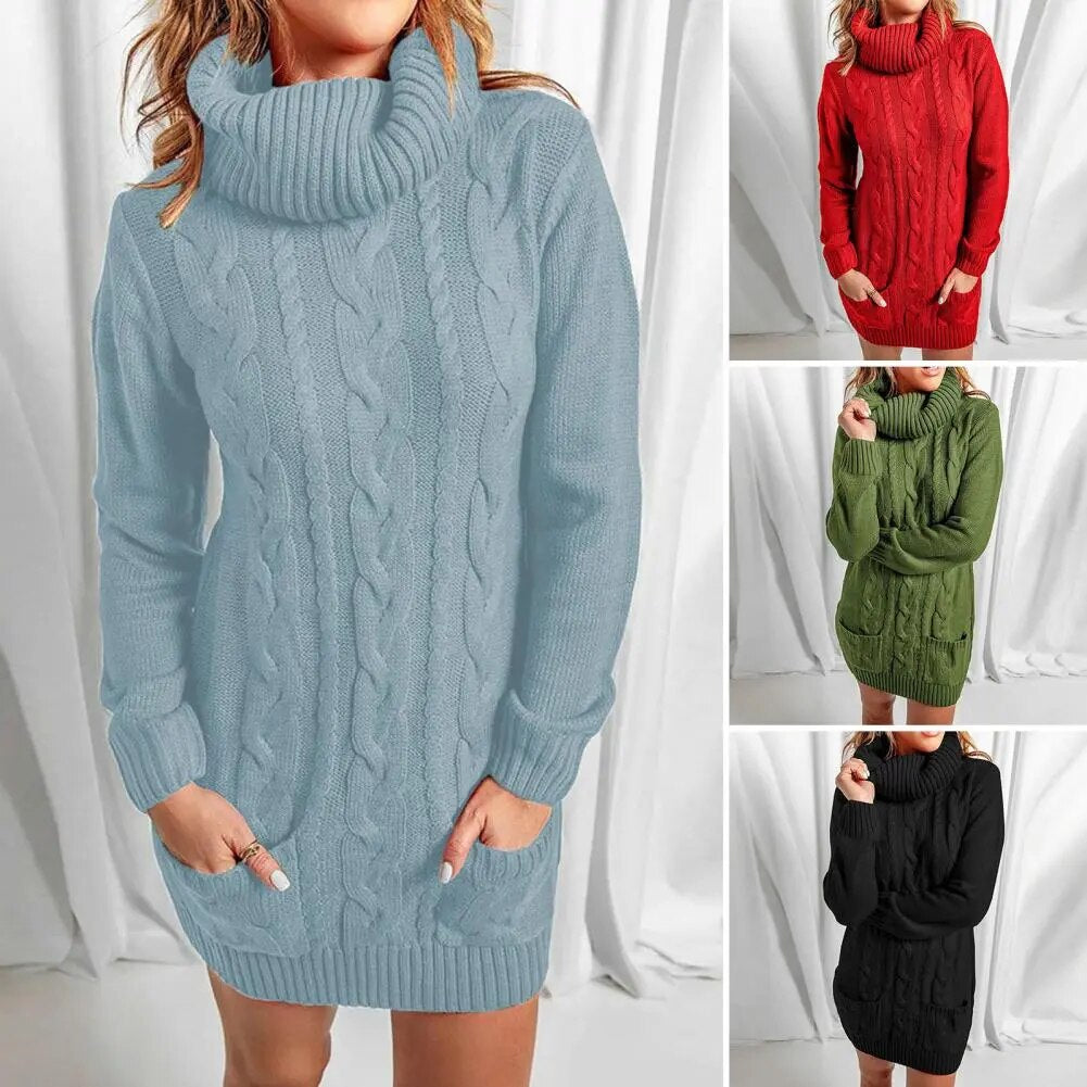 Damen Wollkleid Rollkragen Herbstkleid Winterkleid Strickkleid Longpullover