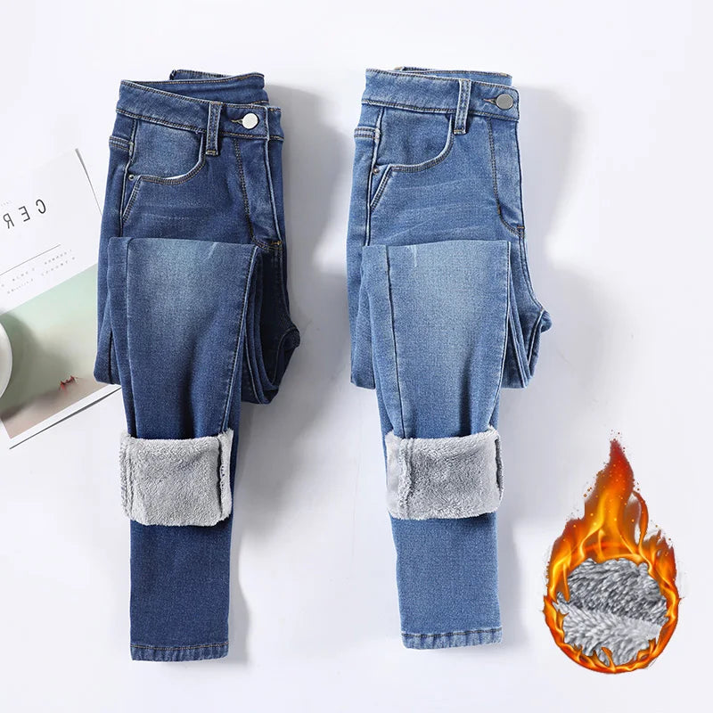 Damen Winter Warm Thermo Jeans Hose Innenfleece Stretch Hosen Leggins Denim