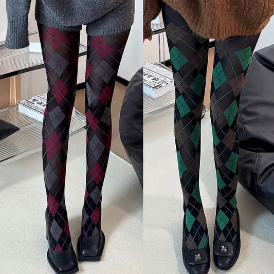 Damen Strumpfhose Karo Strümpfe Oberschenkelhoch Retro JK Style Sexy Dessous