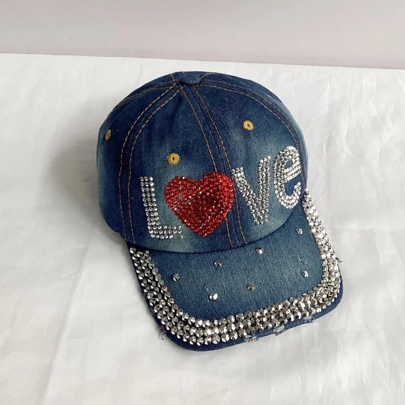 Jeans Basecap Cappy Denim Look Cap Kappe LOVE Strass gebogen Herren Damen