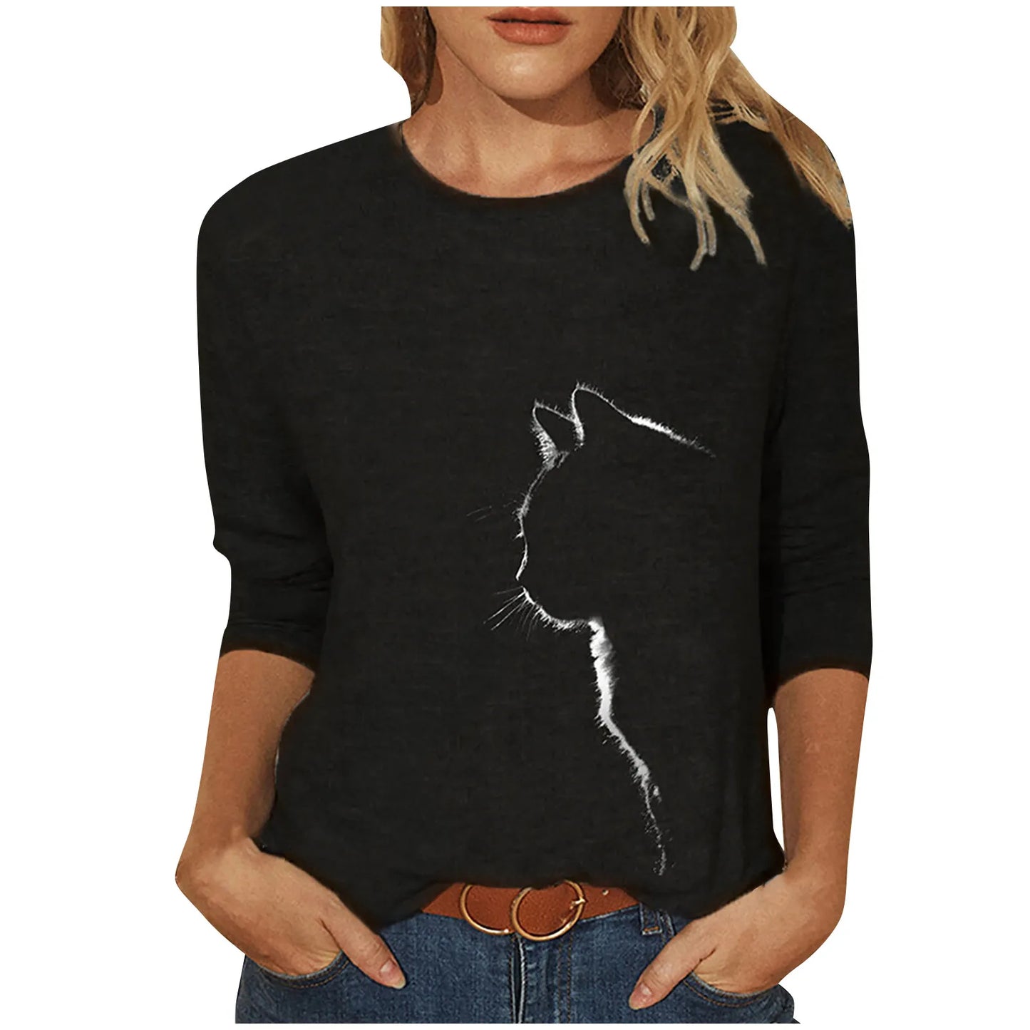 Damen Sommer Top Katzen Langarm T-Shirt Rundhals Streetwear lockeres Damentop