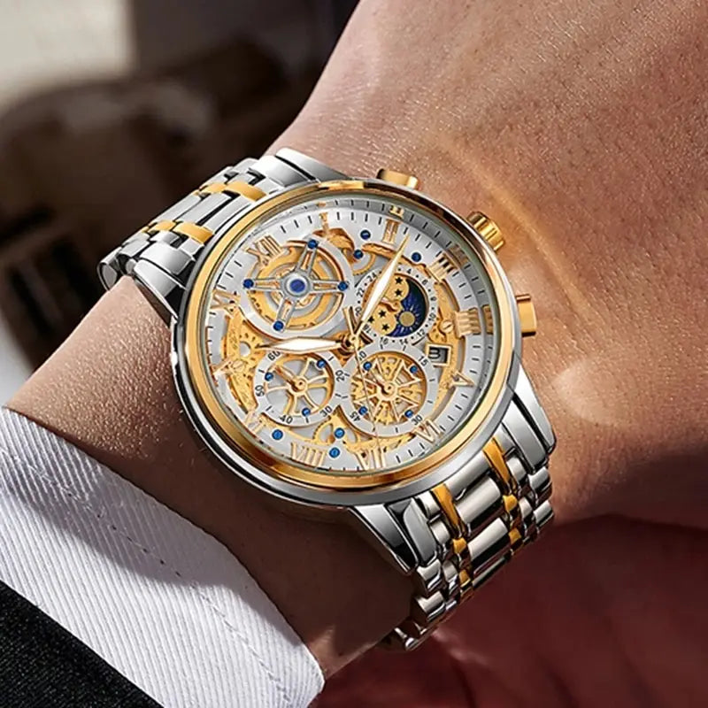 Herren Armbanduhr Silber Schwarz Edelstahl Quarzuhr Luxus Chronograph Business