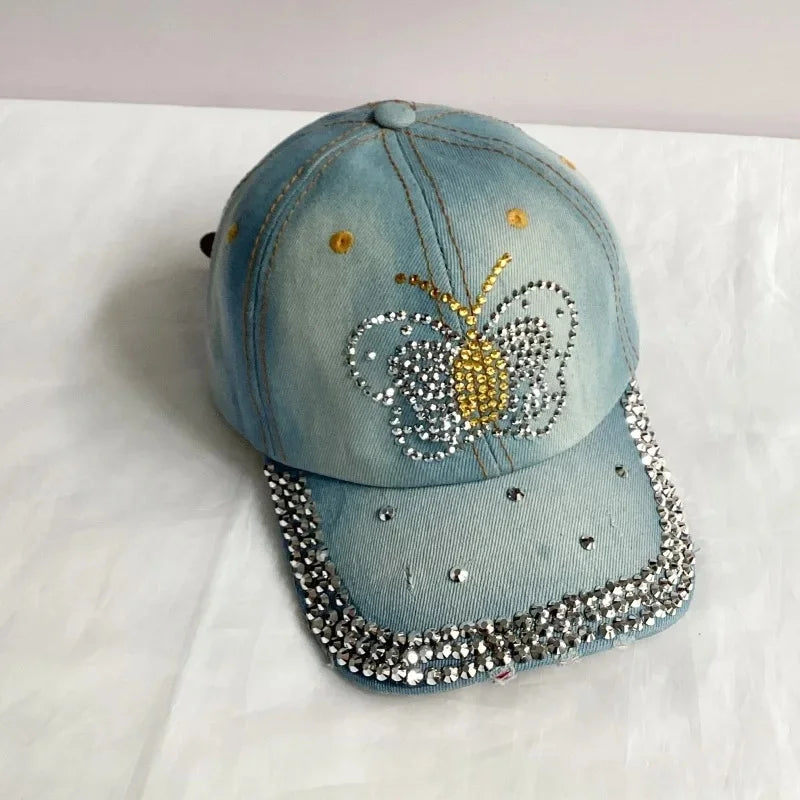 Jeans Basecap Cappy Denim Look Cap Kappe LOVE Strass gebogen Herren Damen