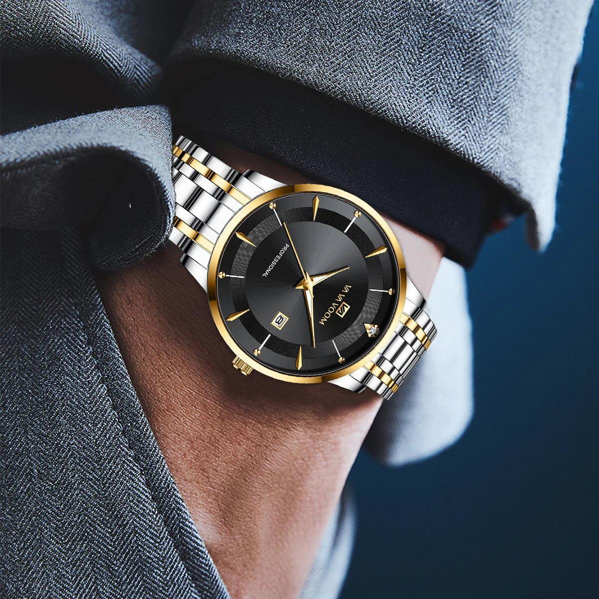 Herren Armbanduhr Silber Schwarz Edelstahl Quarzuhr Luxus Chronograph Business