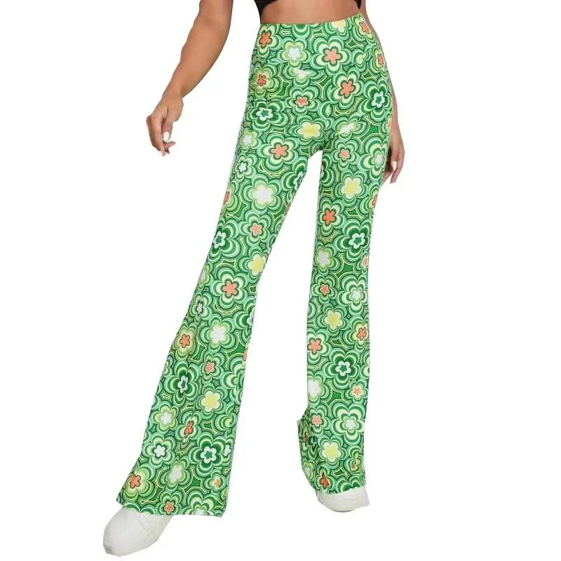 Damen Yoga Hose Bootcut Hüftjeans Schlaghose Flared Leggins Flower Power Retro