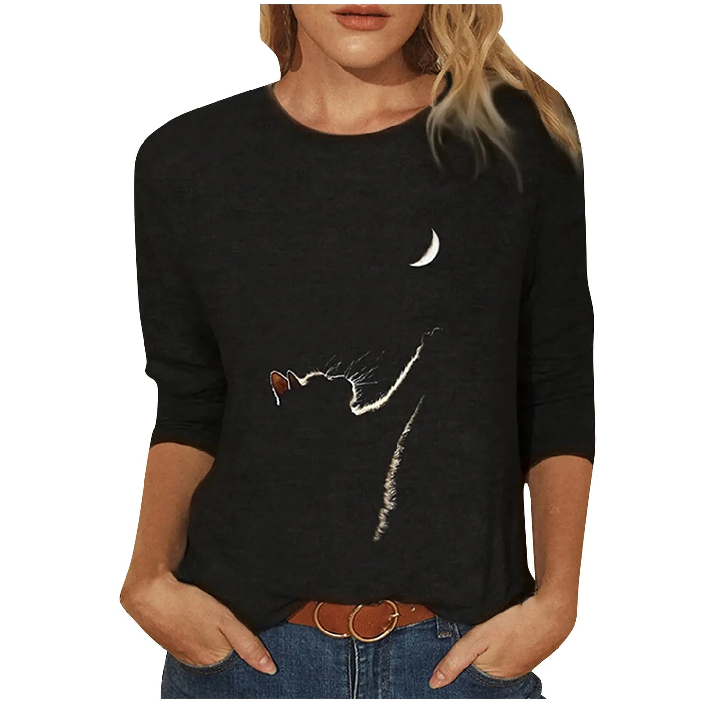 Damen Sommer Top Katzen Langarm T-Shirt Rundhals Streetwear lockeres Damentop