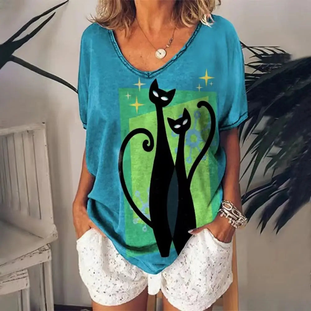 Damen Sommer Top 3D Katzen T-Shirt Rundhals Streetwear lockeres Damentop Bluse