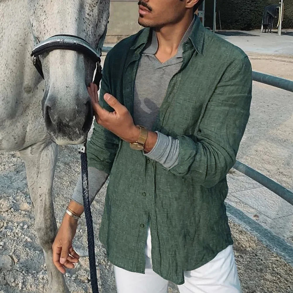 Herren-Langarmhemd, Frühling und Sommer, leichte Strandhemden, Umlegekragen, einfacher Basic-Stil, einreihiges Oberteil