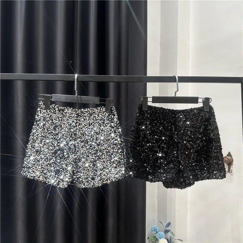 Damen Bermuda Shorts Hot Pants Kurze Hose Samt Pailletten Glänzende Clubwear