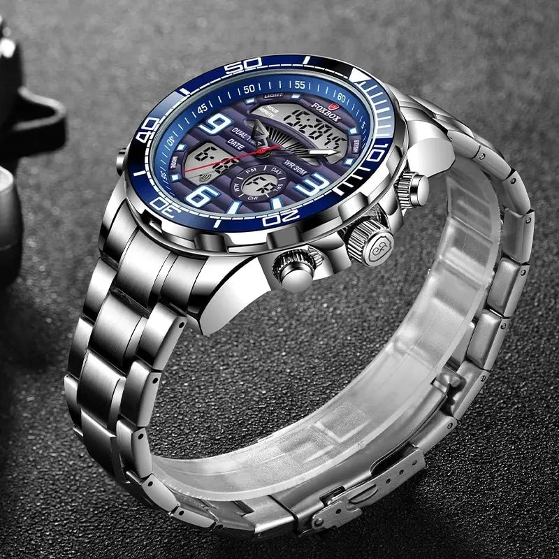 Herren Armbanduhr Silber Schwarz Edelstahl Quarzuhr Luxus Chronograph Business