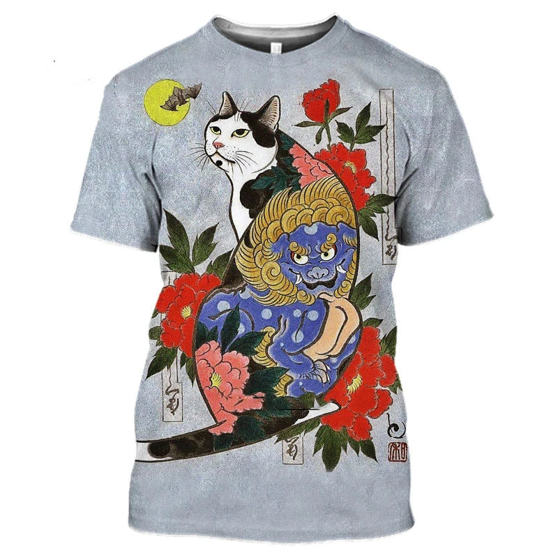 Fashion Herren Samurai Cat Vintage T-Shirt Unisex Sommer Streetwear Tank Top