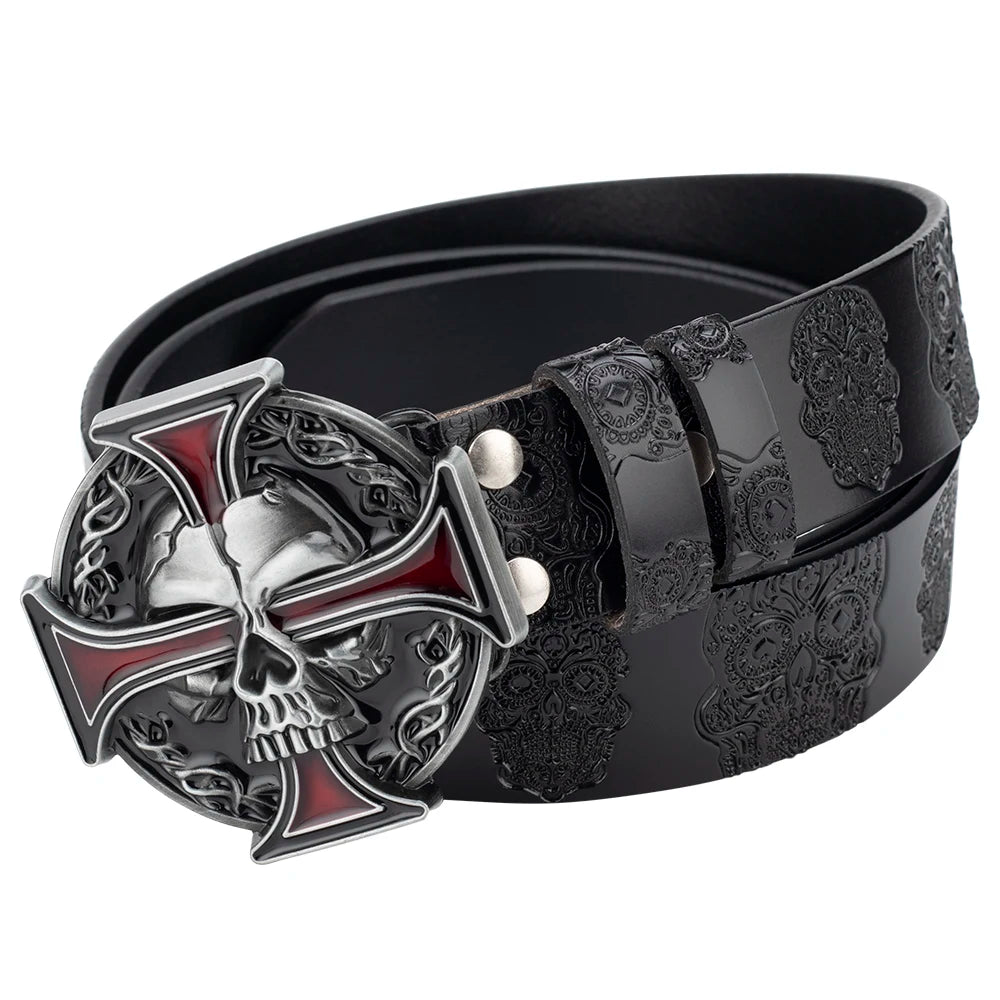Skull Jeans-Gürtel Männer Totenkopf Schnalle Echt Leder Gürtel Schwarz Breit