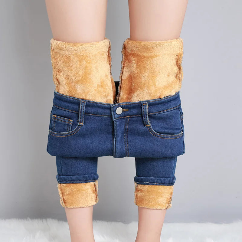 Damen Winter Warm Thermo Jeans Hose Innenfleece Stretch Hosen Leggins Denim