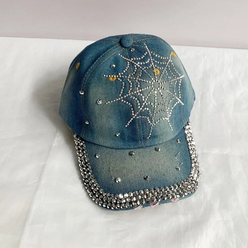 Jeans Basecap Cappy Denim Look Cap Kappe LOVE Strass gebogen Herren Damen