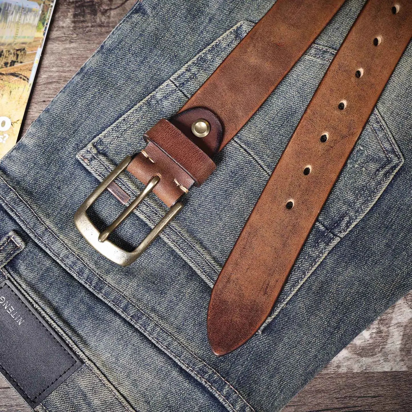 Jeans-Gürtel Herren Eckig Schnalle Echt Leder Gürtel Braun Breite Schnalle