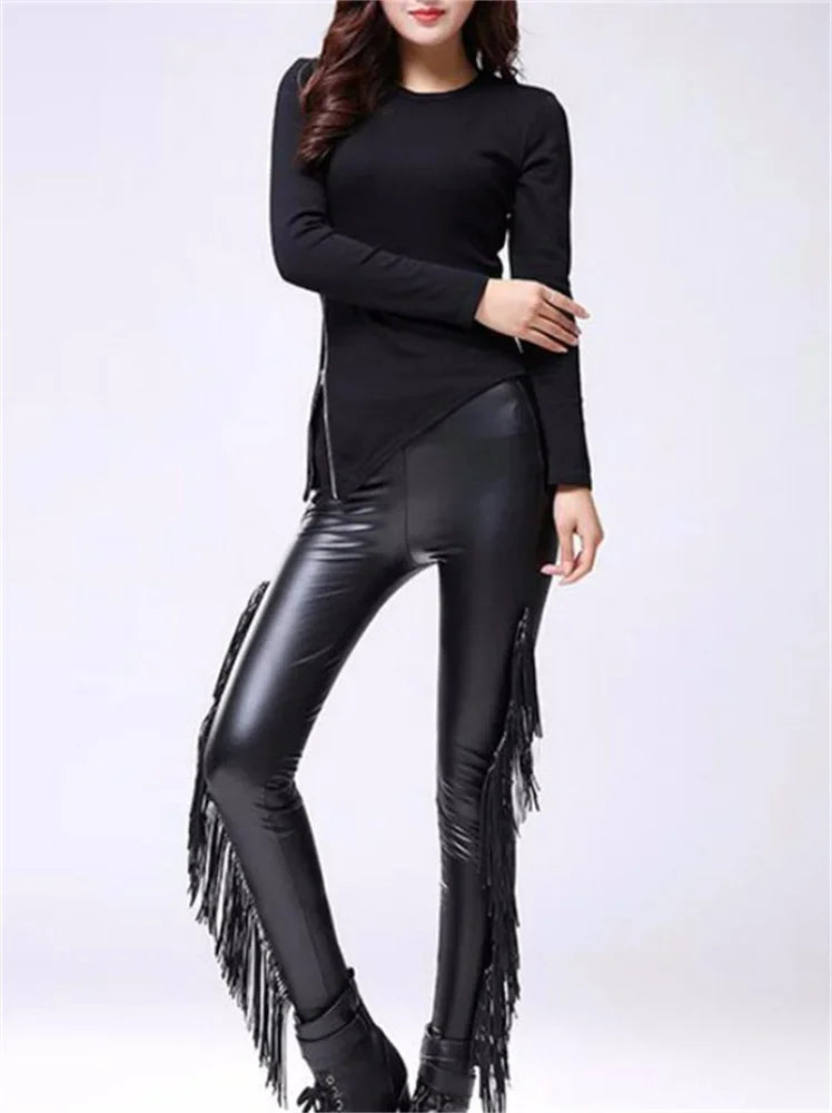 Sexy Damen Leggings Push Up Leggins Gothic Punk Hose PU Lederhose mit Fransen