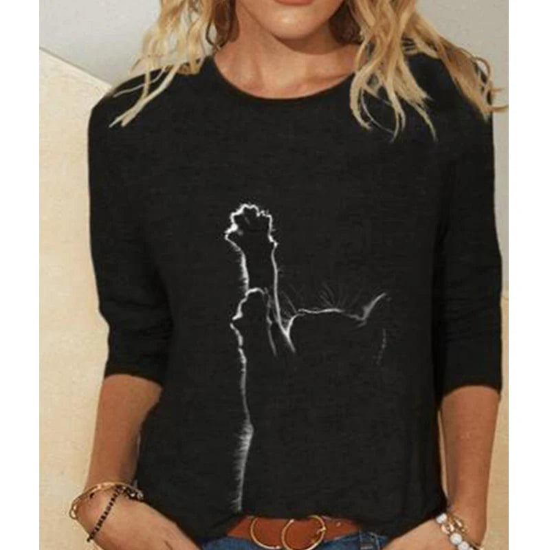 Damen Sommer Top Katzen Langarm T-Shirt Rundhals Streetwear lockeres Damentop