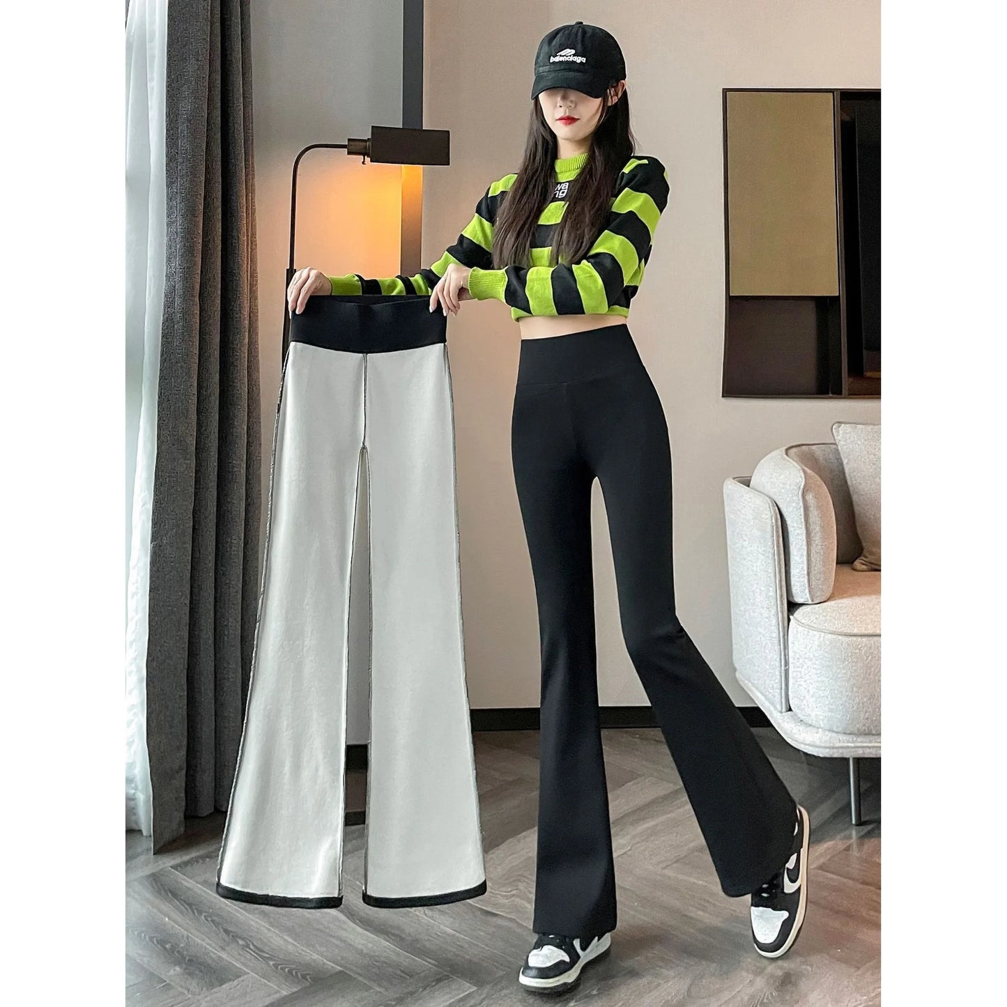 Hohe Taille, mit Fleece gefüttert, Bootcut-Yogahose, Damen-Oberbekleidung, Frühling, Herbst, Winter, schlankmachend, schwarz, Bauchkontrolle, lässig, Hai...
