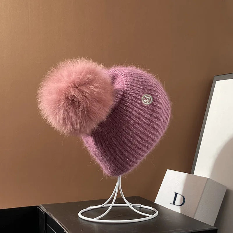 Damen Wolle Mütze Wintermütze Strickmütze Gefüttert Pudelmütze Bommel Skimütze