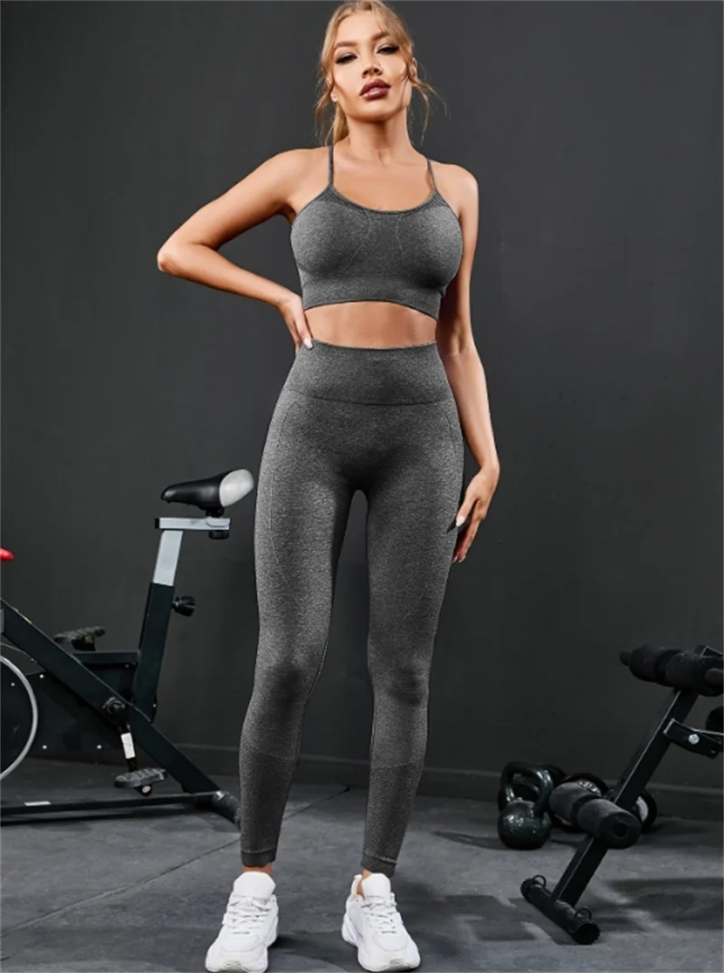Damen Leggings Push Up Stretch Leggins Yoga Fitness Hose Sport BH Set Top Gym