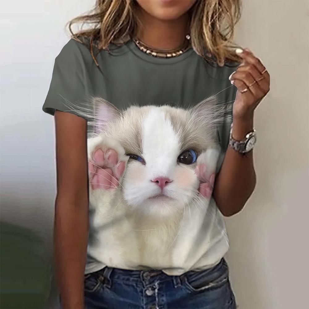 Damen Sommer Top 3D Katzen T-Shirt Rundhals Streetwear lockeres Damentop