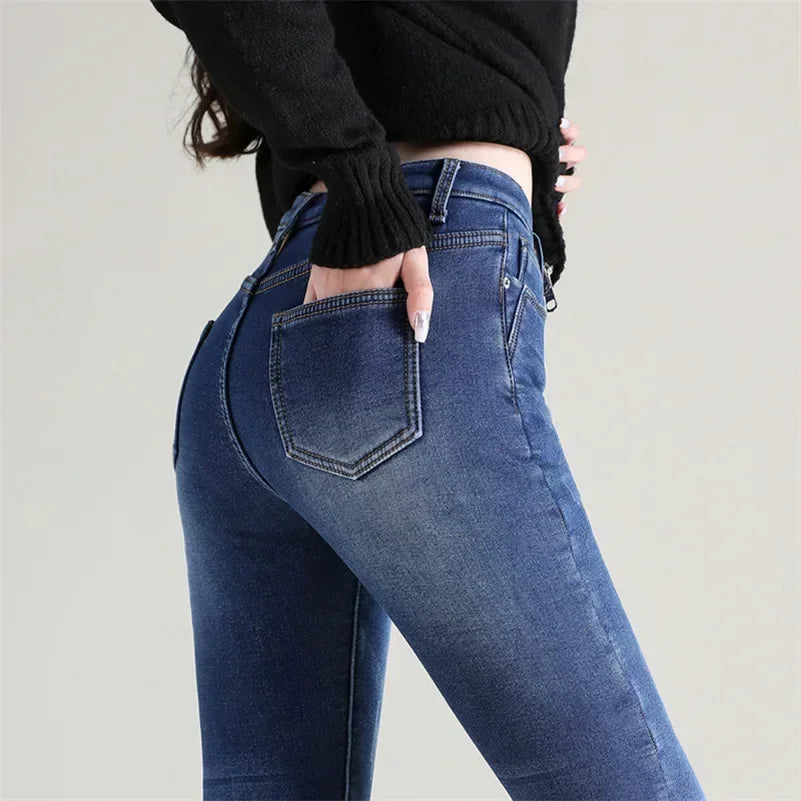 Damen Winter Warm Thermo Jeans Hose Innenfleece Stretch Hosen Leggins Denim