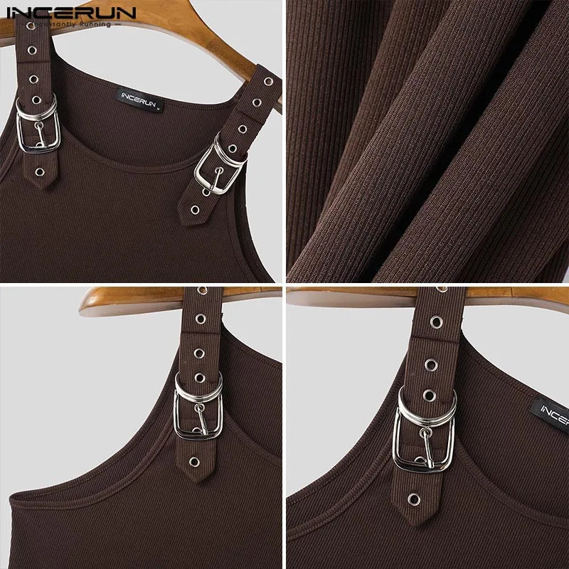INCERUN Tops Amerikanischen Stil, Mode, Neue Männer Dekonstruktion Design Metall Schnalle Mesh Westen Casual Streetwear Männlich Solide Tank Tops