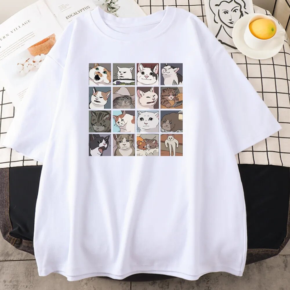 Damen Sommer Top Katze Hipster T-Shirt Rundhals Streetwear lockeres Damentop