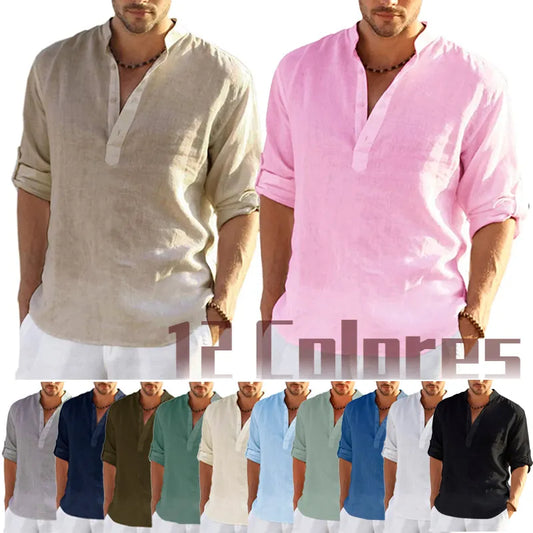 Herren Poloshirt Leinenhemd Kurzarm T-Shirt Leinen Hemd Polohemd Freizeithemd