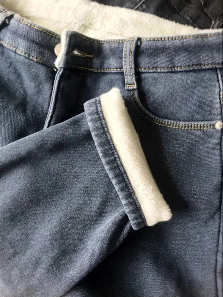 Damen Winter Warm Thermo Jeans Hose Innenfleece Stretch Hosen Leggins Denim