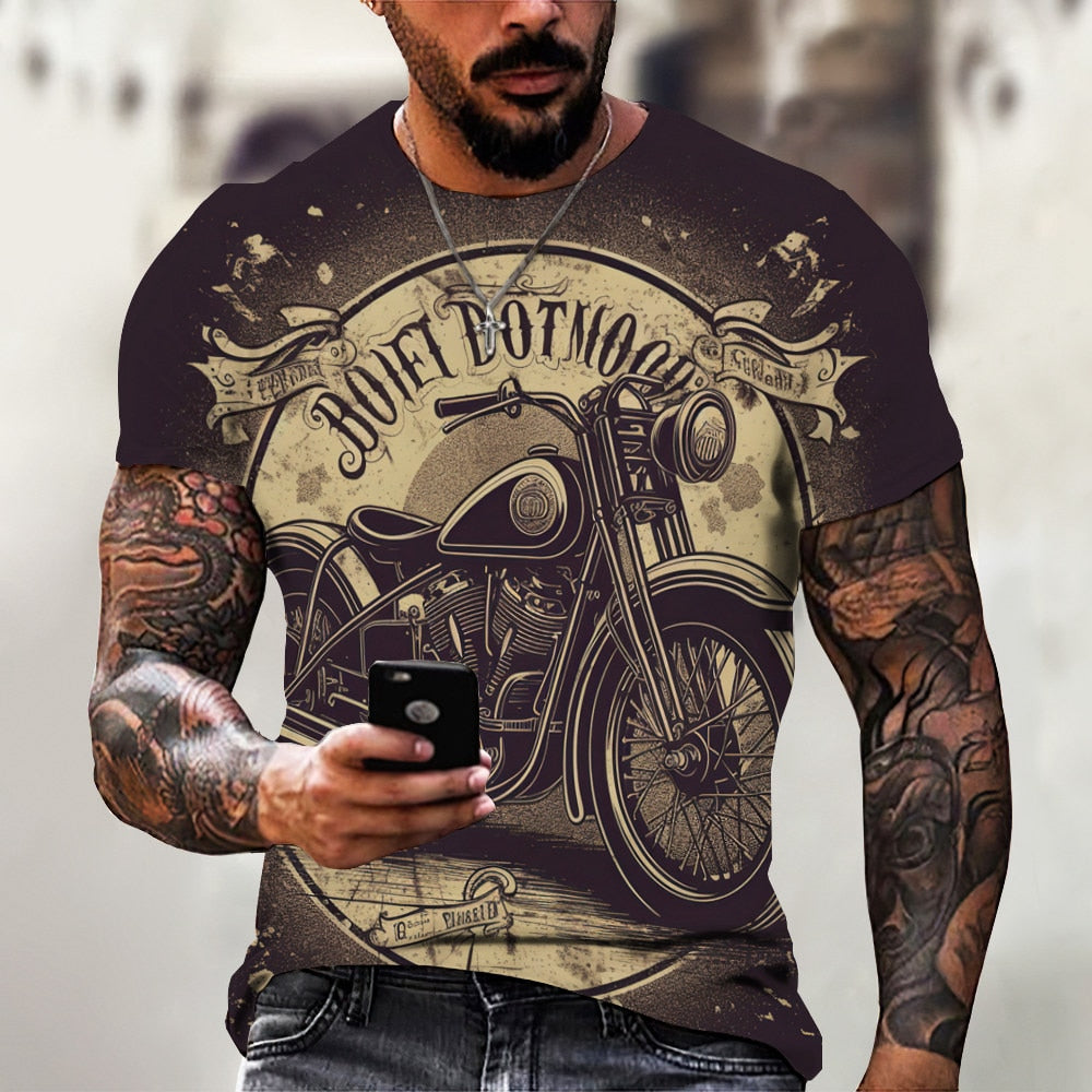 Herren Fashion Vintage Biker 3D T-Shirt Rundhals Unisex Sommer Streetwear