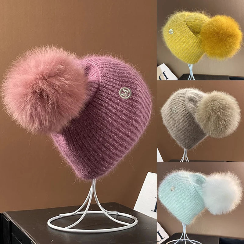 Damen Wolle Mütze Wintermütze Strickmütze Gefüttert Pudelmütze Bommel Skimütze
