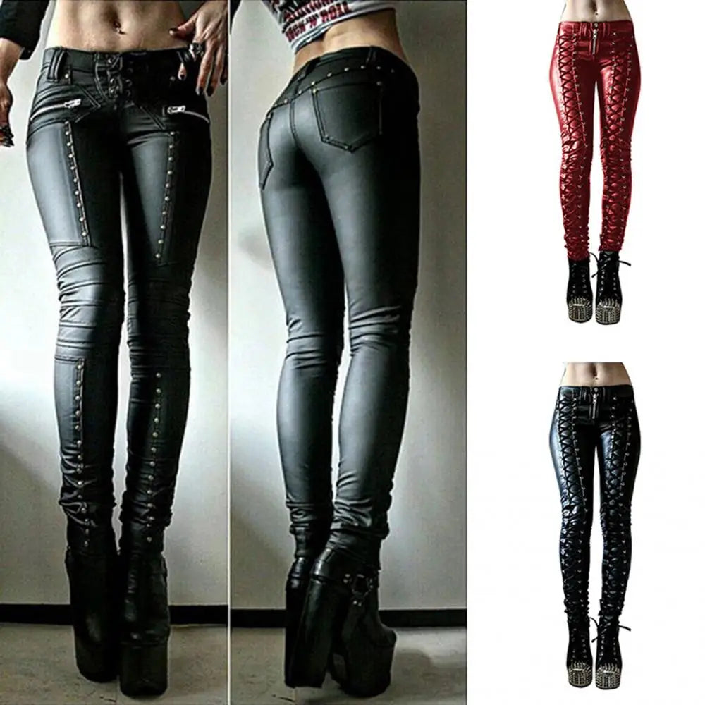 Sexy Damen Fashion Leggings Push Up Leggins Punk Hose PU Lederhose mit Kordelzug