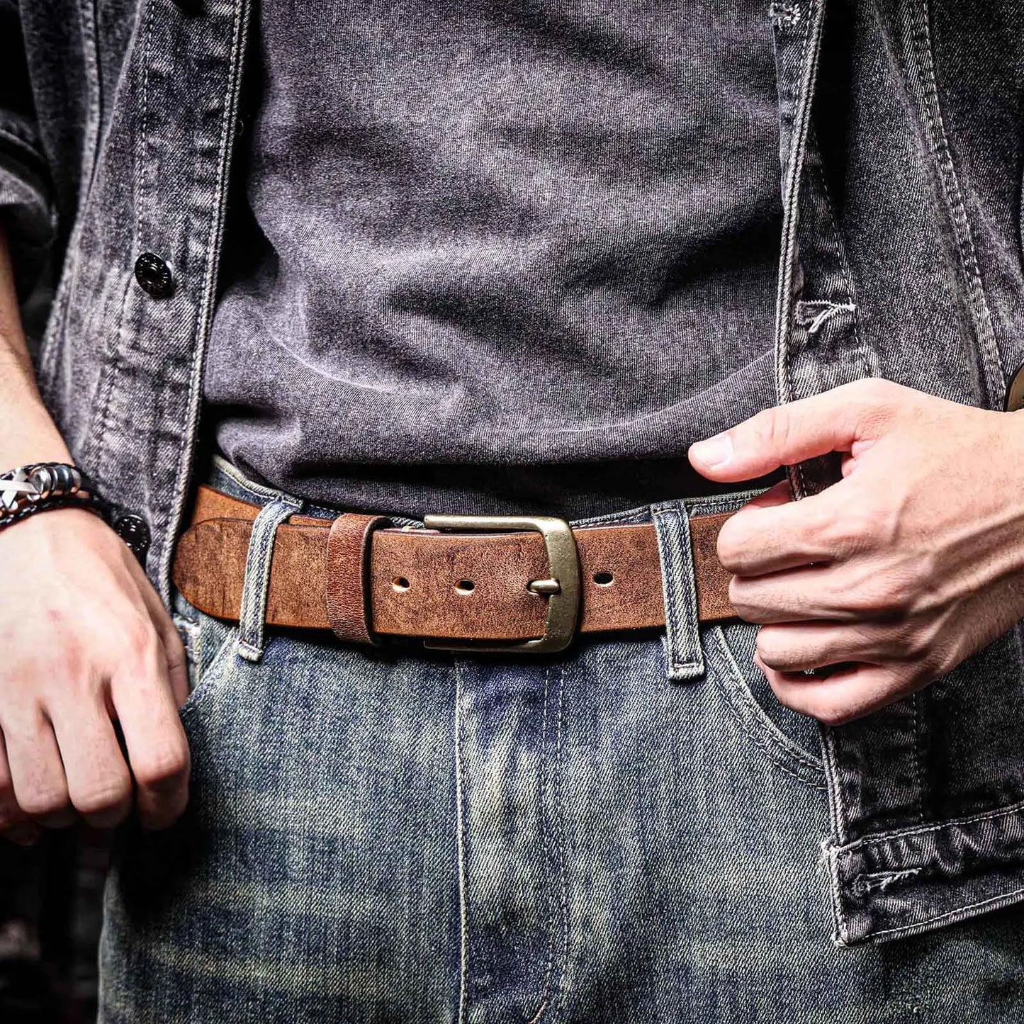 Jeans-Gürtel Herren Eckig Schnalle Echt Leder Gürtel Braun Breite Schnalle