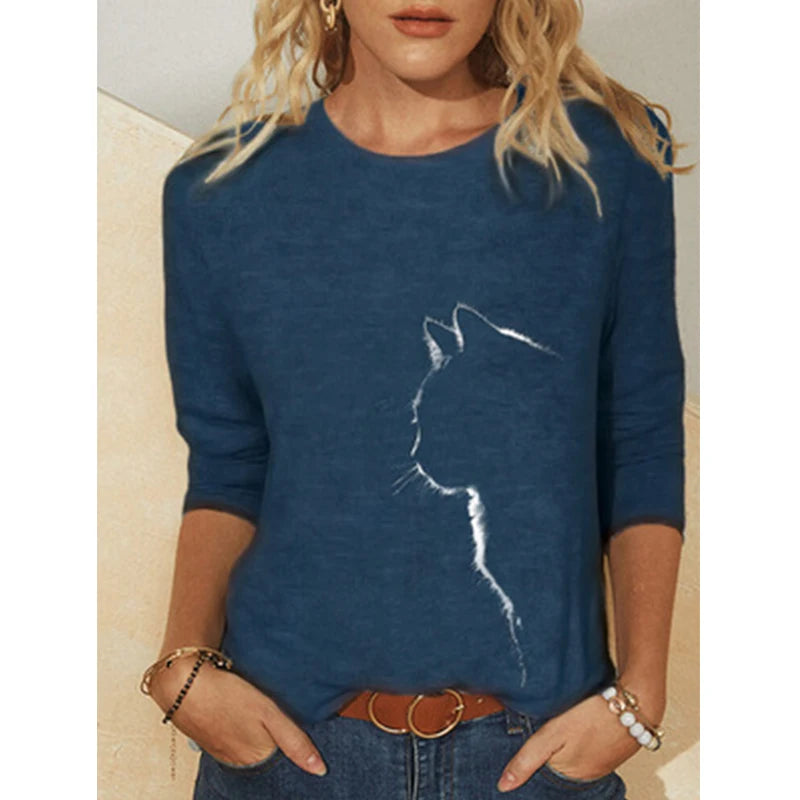 Damen Sommer Top Katzen Langarm T-Shirt Rundhals Streetwear lockeres Damentop