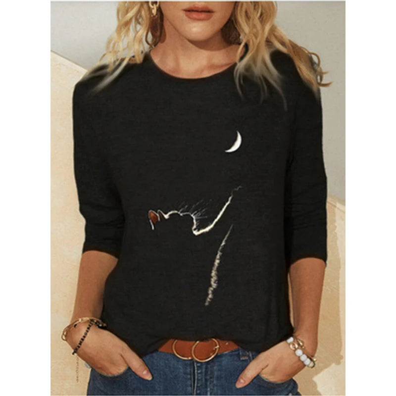 Damen Sommer Top Katzen Langarm T-Shirt Rundhals Streetwear lockeres Damentop